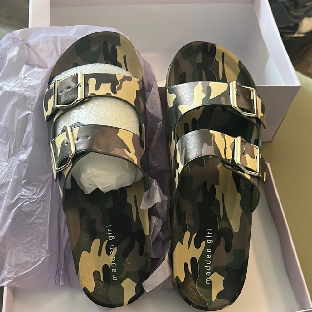 Madden Girl Green and Brown Slippers with Adjustable Straps